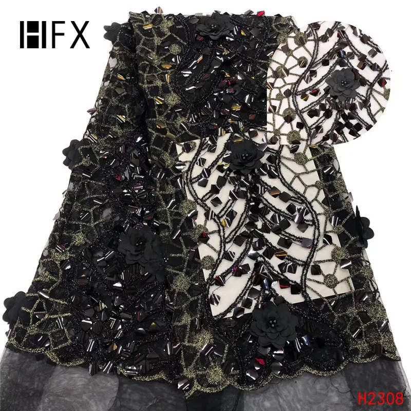 HFX африканская кружевная ткань высокого качества 3D цветок блестки французский нигерийский бисер кружевная ткань вышивка свадебное платье H2308