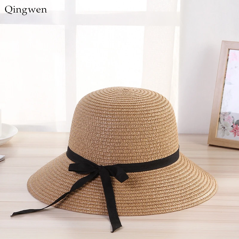 

Qingwen Fashionable summer straw hat women big wide brim beach hat sun hat foldable sun block UV protection panama hat CE0504