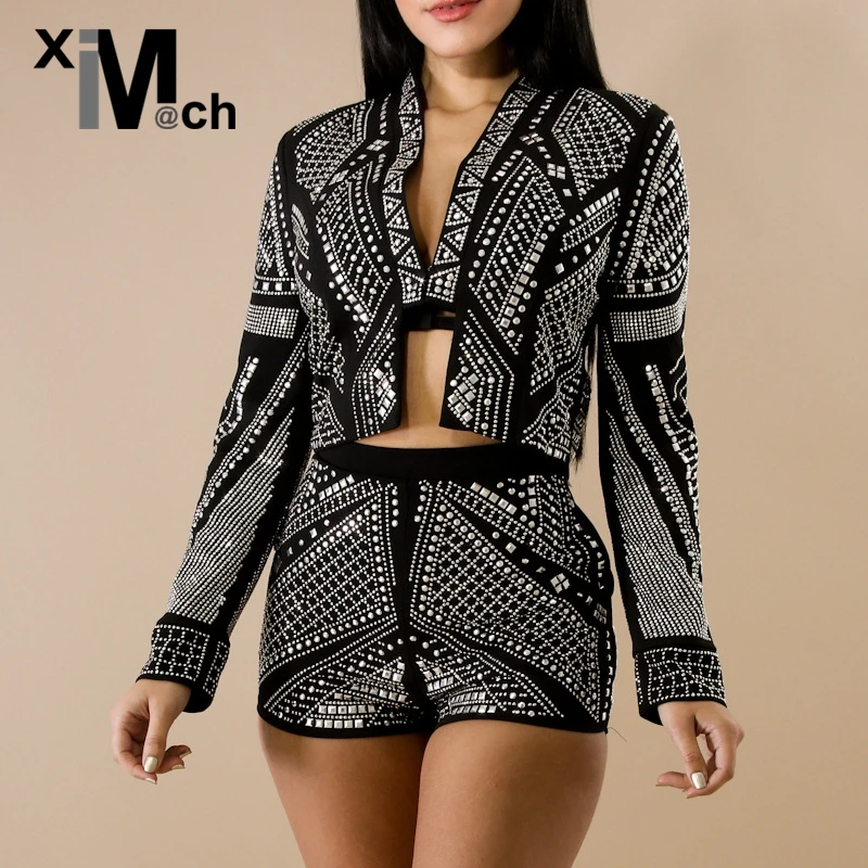 xiM&Mch Fashion Black Jacket Set V neck Long sleeve Rhinestone Short
