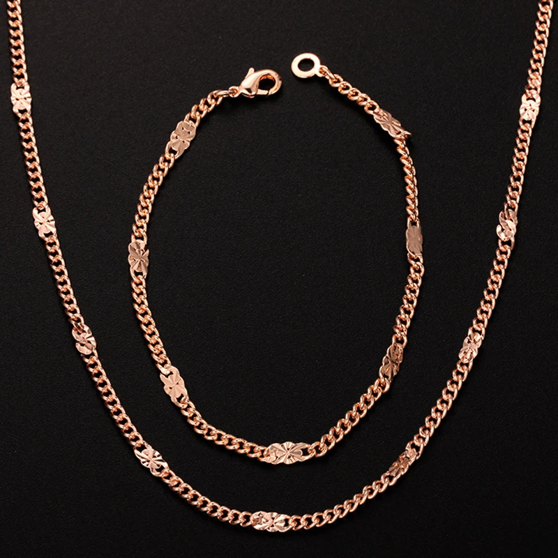 

3mm Women Men 585 Gold Color Curb Bracelets Set Chains Engraving Necklace Jewelry Sets