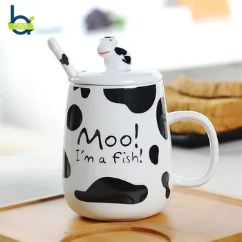 

OBR 400ml Ceramic Coffee Mug Milk Tea Cups With Lid And Spoon Cow Breakfast Drinking Mug Drinkware Novelty Gifts