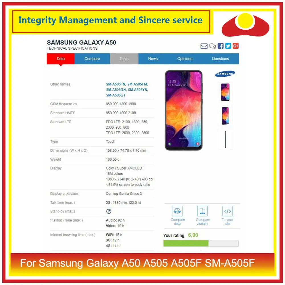 10 шт./лот для samsung Galaxy A50 A505 A505F SM-A505F Корпус Батарея ...