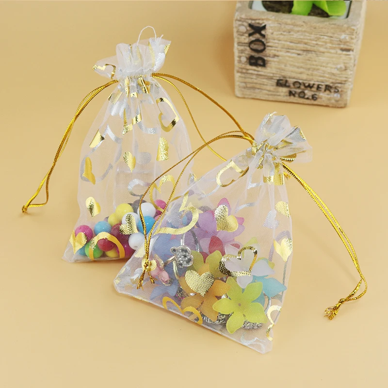 

New Fashion 200pcs/lot Heart Print Organza Bag Wedding Party Favor Gift Candy Jewelry Packaging Bags Pouches White Color 7x9cm