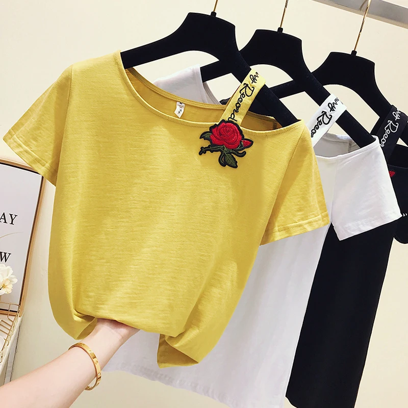 

2019 Summer Fashion Short Sleeves Women Casual All-match Sexy Shoulder Flower T-Shirt Female Pullover Tee Tops A280