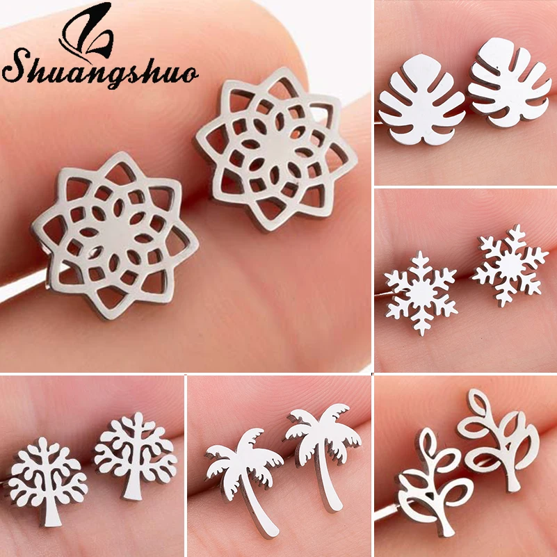 

Shuangshuo Small Flower Stud Earrings Silver Earings For Women oorbellen Stainless Steel pendientes mujer Plant Tree orecchini