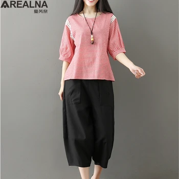 

2019 summer Women two piece set Casual loose tops + Wide leg pants Female Cotton Linen plaid 2 piece set women chandal mujer