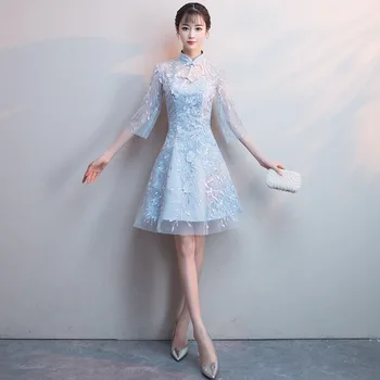 

Sweet Half Sleeve Chinese Style Lady Qipao Lace Elegant Women Cheongsam Oversize 3XL Vestidso Evening Party Dress Gown S-21-11