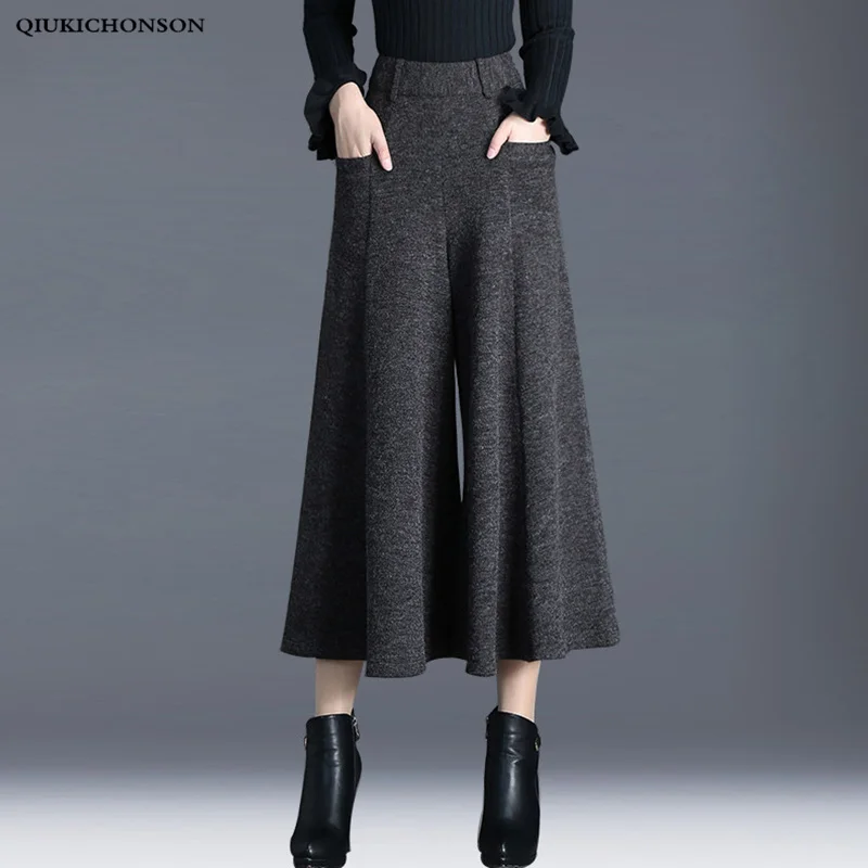 

Winter pants women high waisted ankle-length wool wide leg pants culottes ladies trousers pantskirt pantalon palazzo mujer