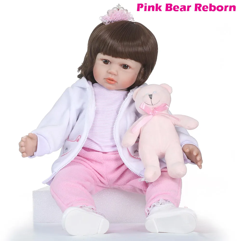 

58cm silicone reborn baby dolls handmade vinyl princess toddler girl doll with pink bear for child birthday gift bebes reborn b