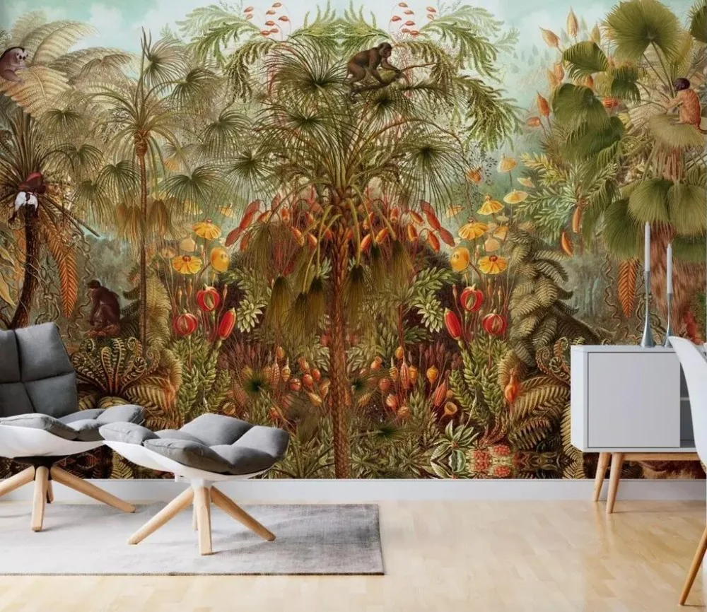 3D обои из тропического леса пальмовое дерево обезьяна природа обои с пейзажем Гостиная ТВ фон домашний декор