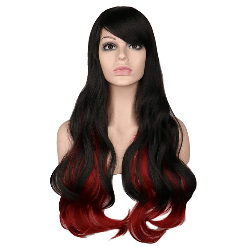 

QQXCAIW Women Long Wavy Cosplay Wig Mixed Black Red 68 Cm 100% High Temperature Synthetic Hair Wigs
