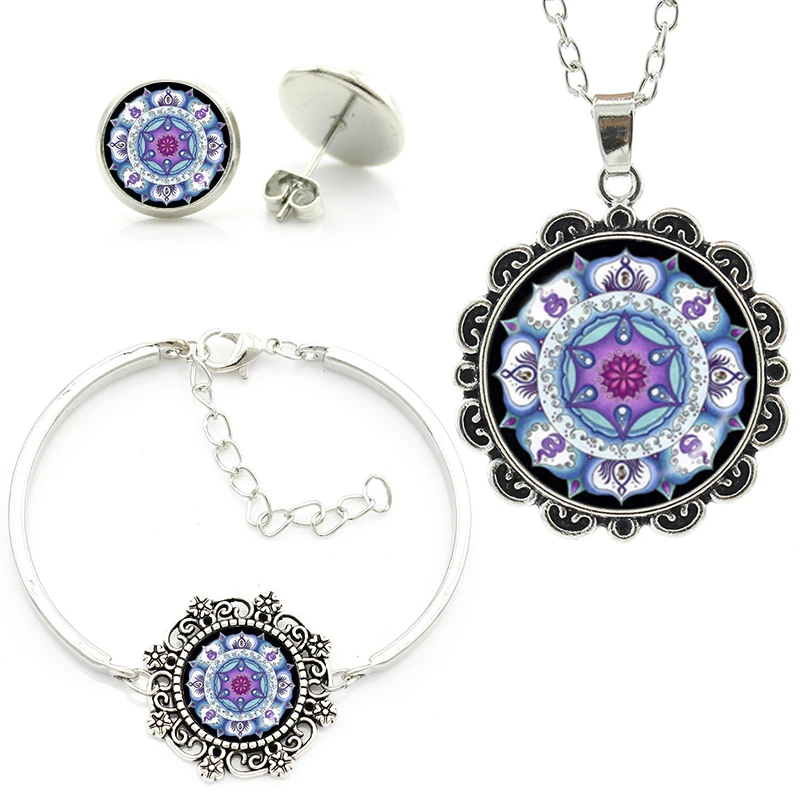 

New arrival lotus stud earrings bracelet choker necklace yoga om symbol Buddhist mandala Hinduism jewelry set for women HT198