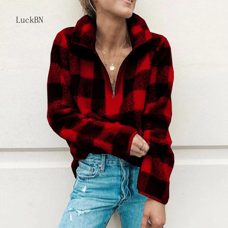 

Autumn Winter Thick Crop Sweatshirt Oversized Hoodie Kawaii Women Hoodies Clothes Fashion Plaid Long Sleeve High-neck Zipper Top