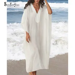 Женское пляжное платье большого размера с v-образным вырезом, длиной до щиколотки, белое летнее платье, Плайя 2019, халат Longue Femme, Повседневное