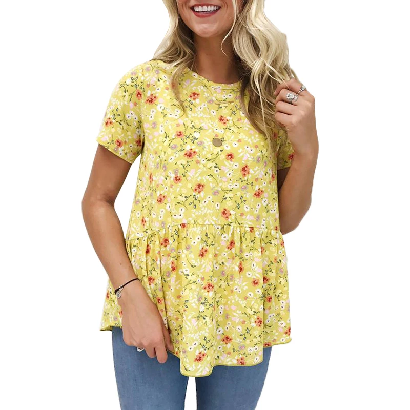Short Sleeve Shirt Women 2019 Summer Floral Print O Neck Casual Loose Tee Tops Streetwears Vintage Tops Pleated Hem Patchwork