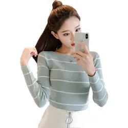 Полосатый вязаный свитер Для женщин 2018 г. Осенняя корейская мода Slash шеи пуловеры, свитеры женские майку свитера Sueter Mujer