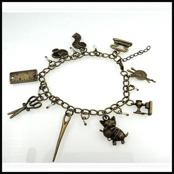 Retail sewer gift tailor bracelet love to sew needle iron tape sewing button scissors inspired charm bracelet nostalgic BFr182