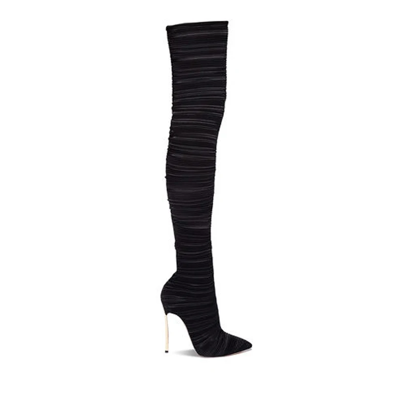 Arden Furtado/ г. осенние пикантные вечерние туфли на шпильке без застежек женские ботфорты выше колена с острым носком на стальном каблуке 43 - Цвет: black