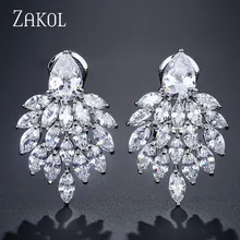 ZAKOL модные брендовые Свадебные украшения с листьями, белые кубические циркония, большие зеленые CZ серьги-гвоздики для женщин, свадебные FSEP4084