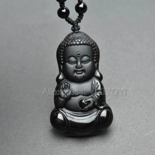 100% Natural Black Obsidian Carved Baby Buddha Lucky Pendant Beads Necklace
