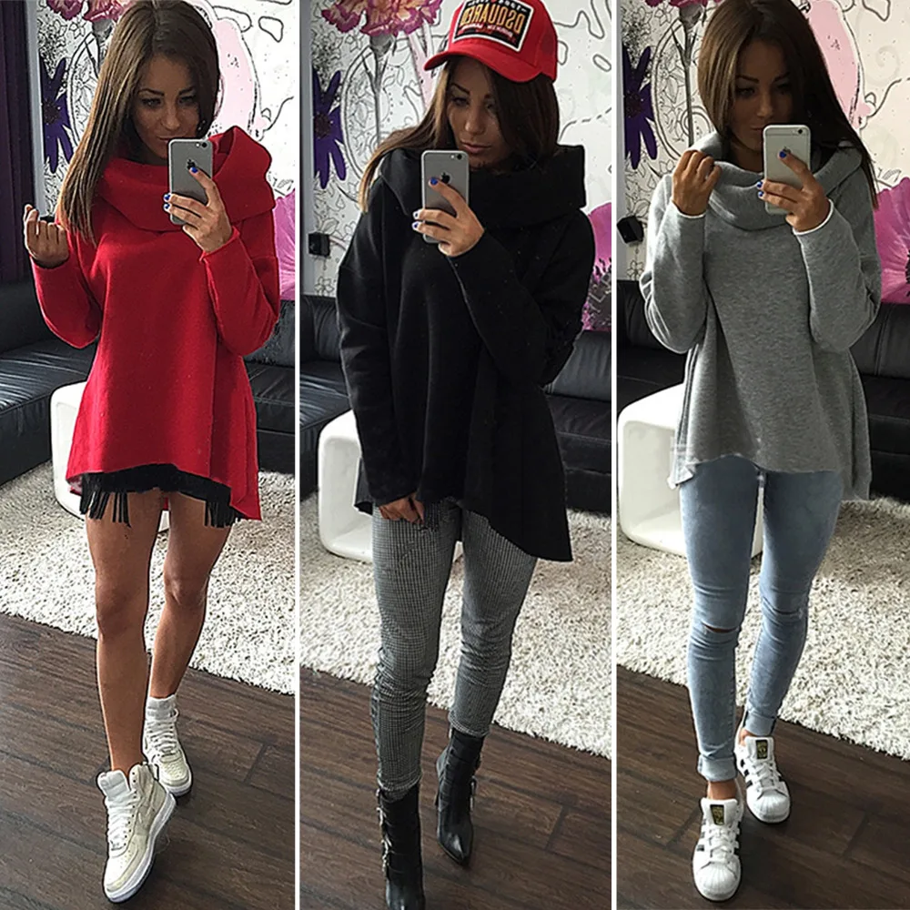 Women Hoodies Sweatshirt Cowl Neck High Low Irregular Baggy Jumper Top ...