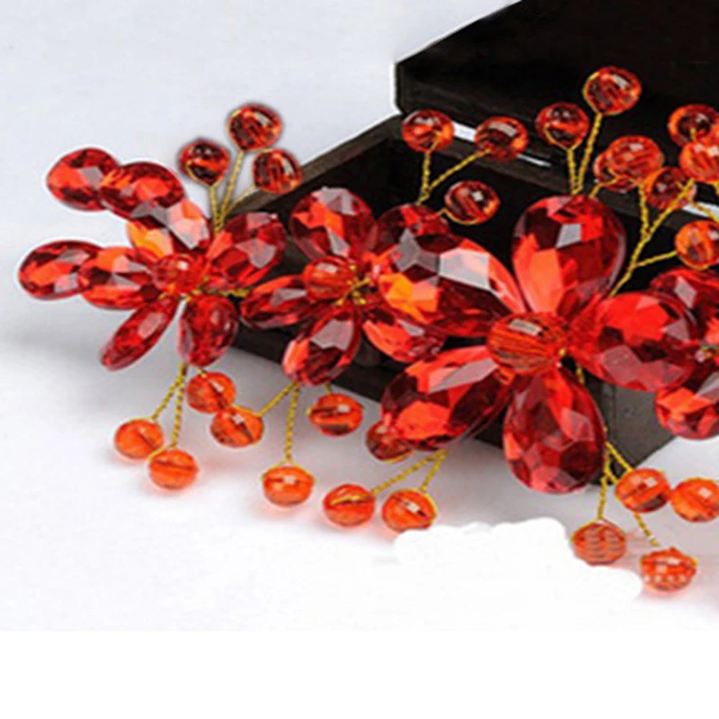 Bridal Headwear Fashion Red Crystal Beads Hairband Wedding Handmade Flower Headband For Bride
