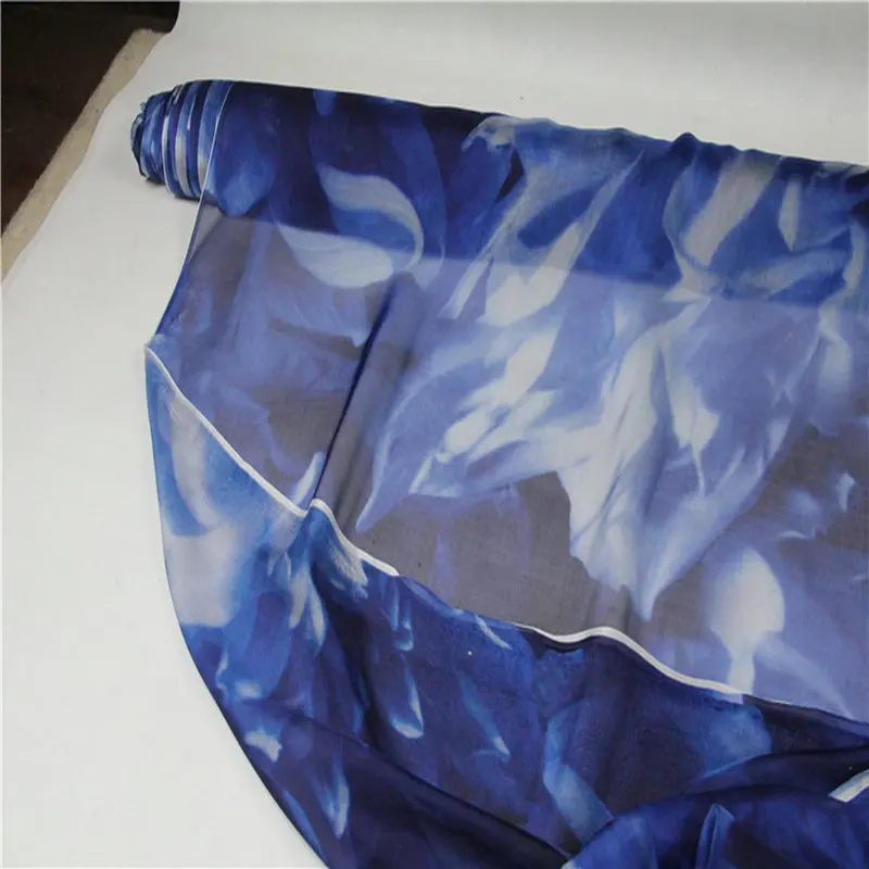 Silk Fabric Blue Big Flower Printed Silk Chiffon Fabrics For Silk Dress