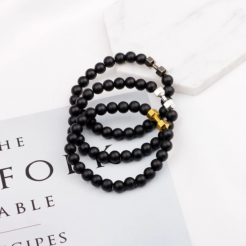 National Wind Black Matte Stone Beads Fit Life Dumbbell Bracelets Fitness Alloy Metal Barbell &amp Gym Bracelet | Украшения и
