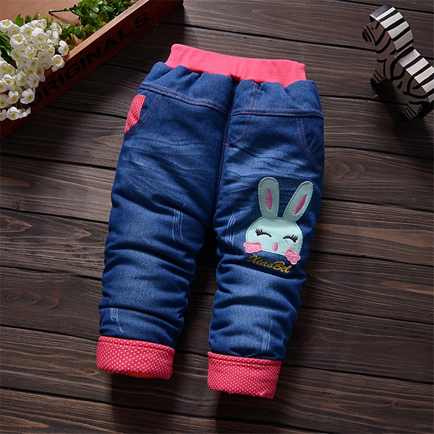

12Color New Autumn and Winter Kids Jeans for Girls Boys Cartoon Thicken Warm Cotton Pant Kids 0-4 Years Old Trousers Baby Jeans