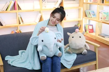 

1pc 40cm sweet pure hippo elephant warm rest office plush cushion + coral fleece blanket high quality stuffed toy romantic gift