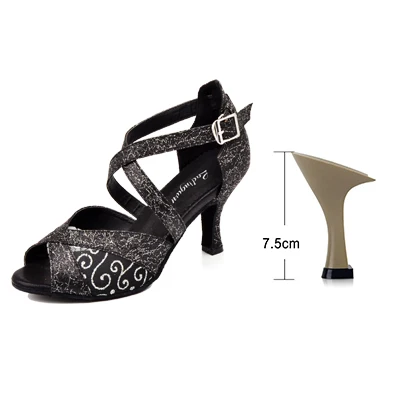 Ladingwu/Блестящая и кружевная обувь для латинских танцев; женская обувь для сальсы; цвет золотистый, черный; Обувь для бальных танцев; женские сандалии для танго; 7,5 см - Цвет: Black 7.5cm