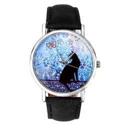 Повседневное для женщин часы Reloj Mujer модные черные милый кот кожаный ремешок кварцевые наручные часы женские часы Баян коль Saati часы 2019