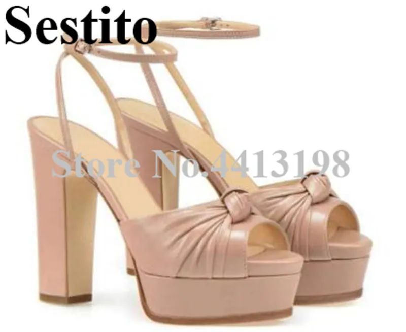 

European Party Solid Butterfly-Knot Peep Toe Super High Heel Platform Women Sandals Hoof Heels Ankle Buckle Strap Ladies Shoes