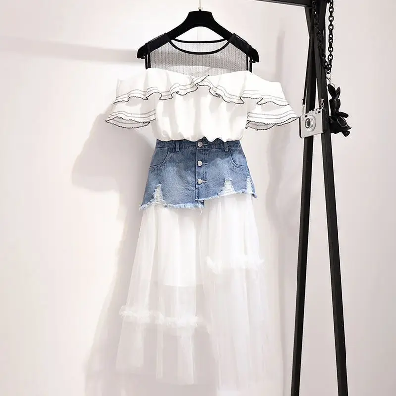 Летняя женская сетчатая Лоскутная рубашка с оборками и открытыми плечами+ джинсовая Асимметричная юбка в стиле пэчворк женский милый комплект для вечеринки Z209