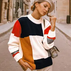 Многоцветный блок сшитый женский свитер трендовый круглый вырез длинный рукав свободный осенний пуловер Топы Повседневный свитер Женская