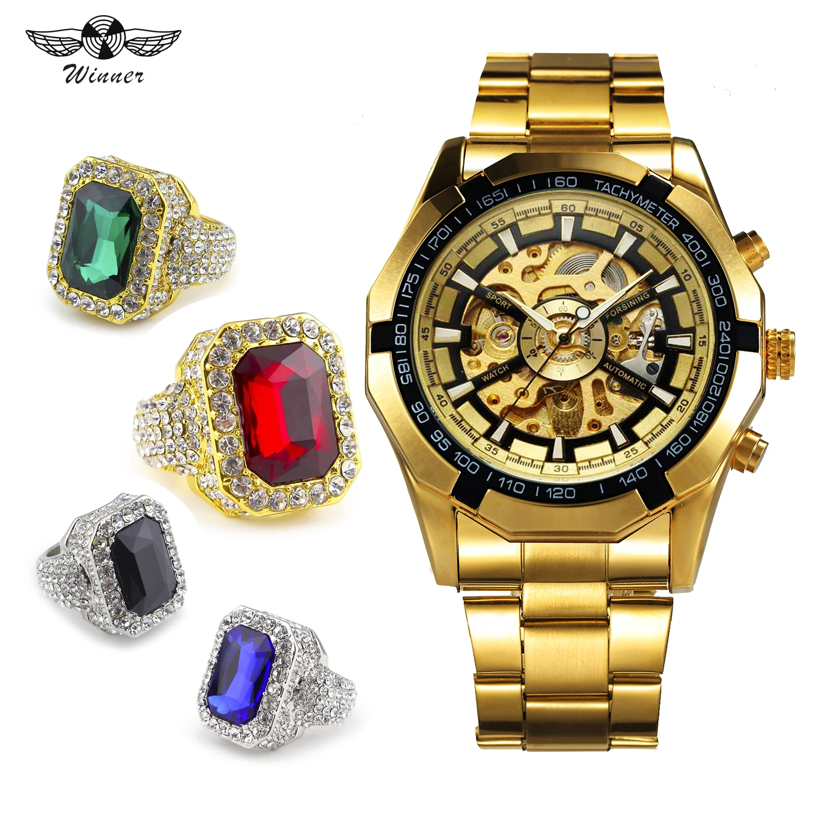 

WINNER Official Hip Hop Watch Men Skeleton Auto Mechanical Mens Watches Top Brand Luxury Jewelry Set + Iced Out Red Crystal Ring