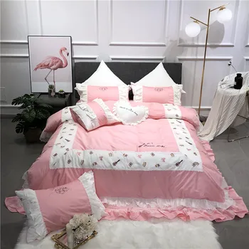 

Pink embroidery Bedding Set Super Soft Egyptian Cotton Duvet Cover Flat Sheet Pillowcase Comforter Bed Set Queen King for girls