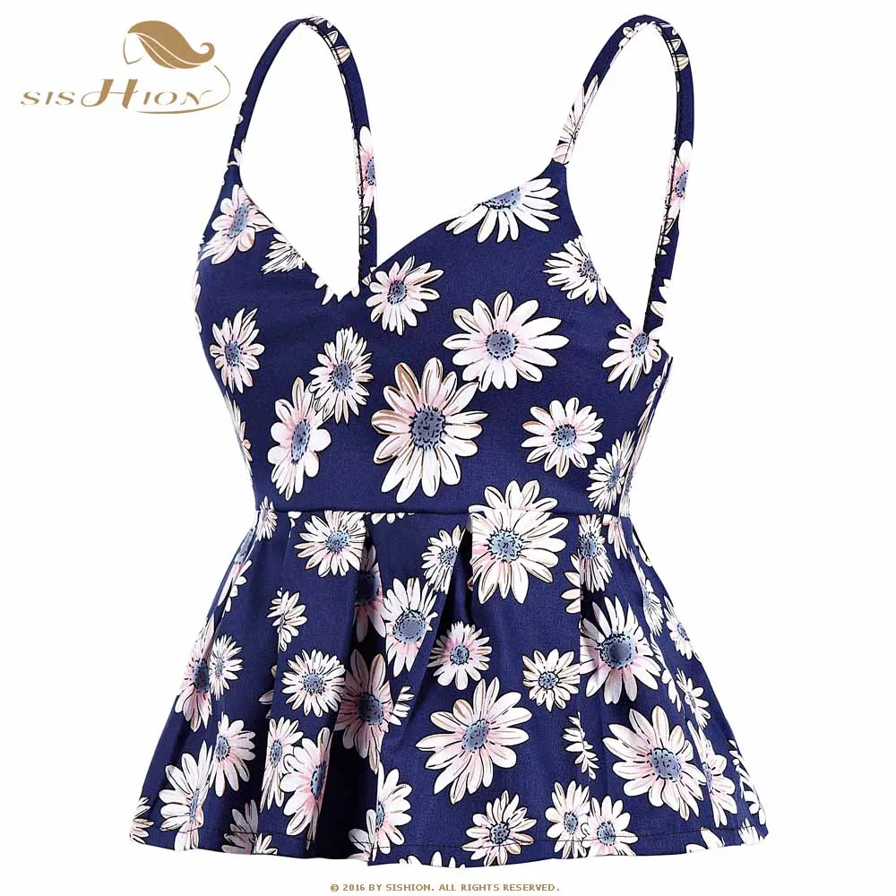 SISHION Bustier Crop Top Women Sexy Slim Short Floral Print Vintage Cropped Tops Pleated