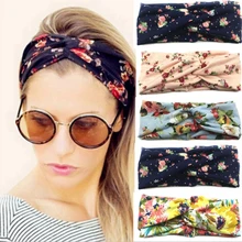 Diadema de Flores Moda Retro Mujeres Turbante Elástico Torcido Anudado Diadema Étnica Floral Amplio Elástico Niñas Accesorios para el Cabello