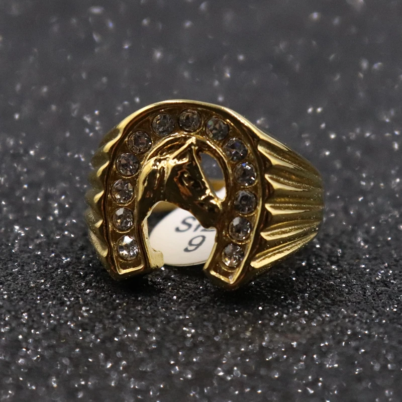 Крутой дизайн золотого кристалла счастливое кольцо «Подкова» 316 из нержавеющей стали украшения с символикой автогонок золотой конь головное кольцо ремешок палец