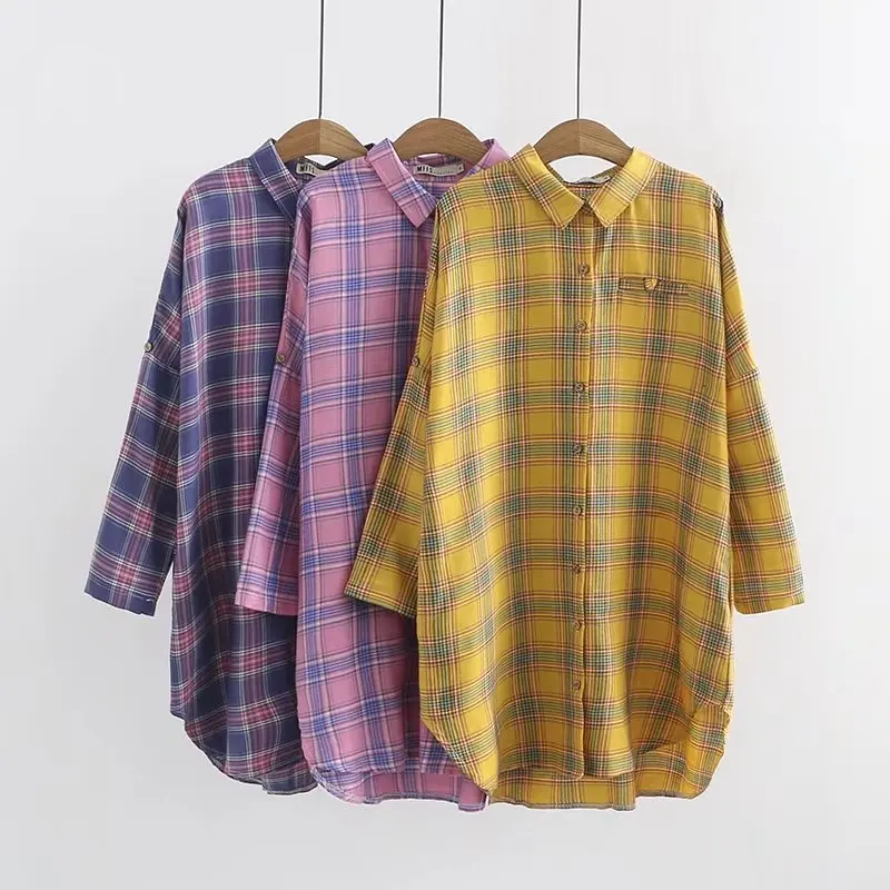 

2019 spring new korean version of the fat mm200 plus fertilizer xl women plaid shirt and long sections of female backing