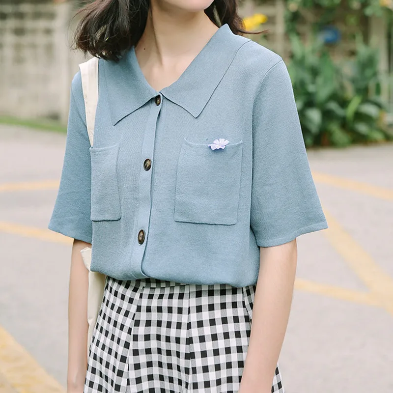

3 colors 2019 korean chic style vintage loose short sleeve knitted t-shirts womens tee shirt femme (sg1660)