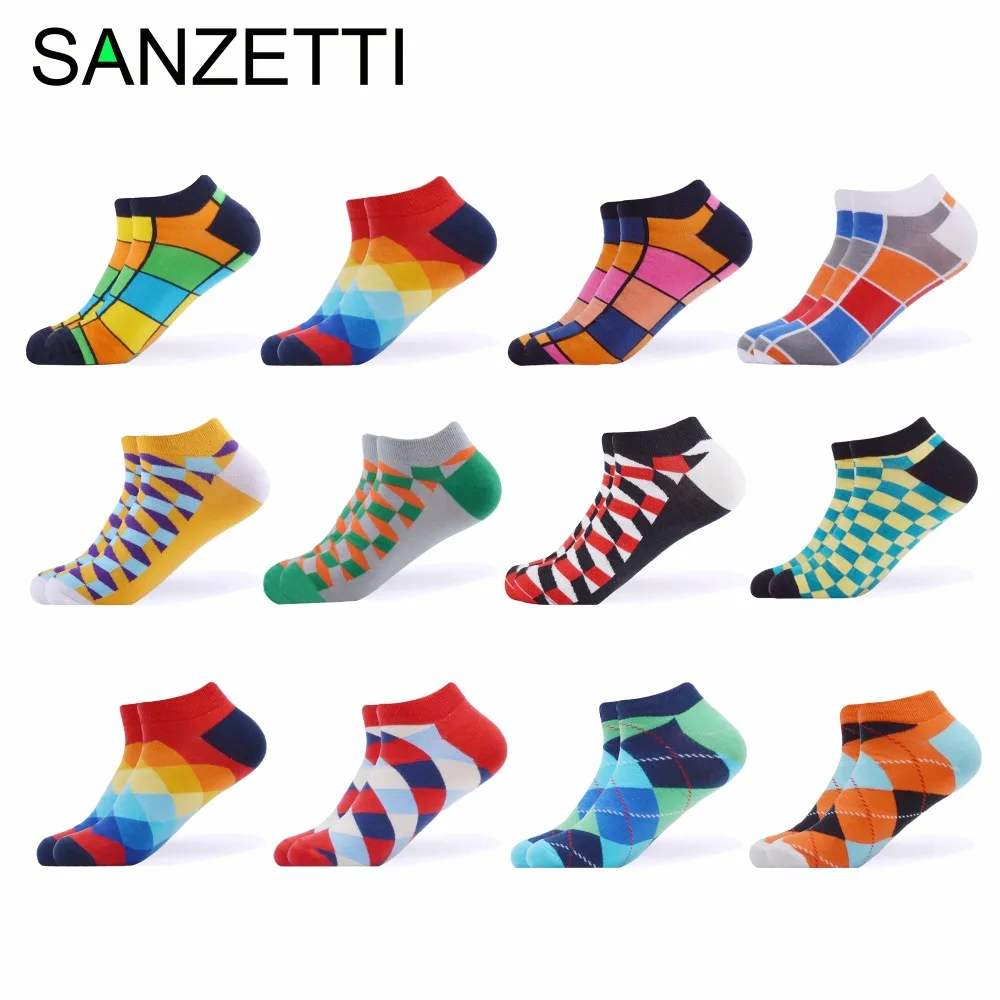 SANZETTI/12 пар/лот повседневные мужские носки по щиколотку из чесаного хлопка яркие с