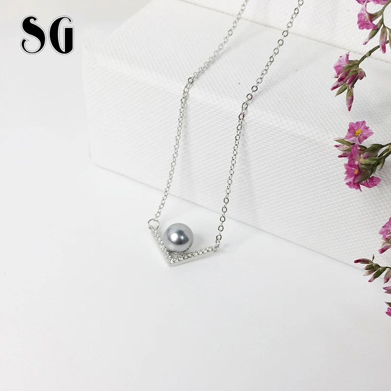 

SG 2019 sterling silver 925 V type letter inlay pearl necklace fit fashion jewelry chain necklaces pendants for women gifts