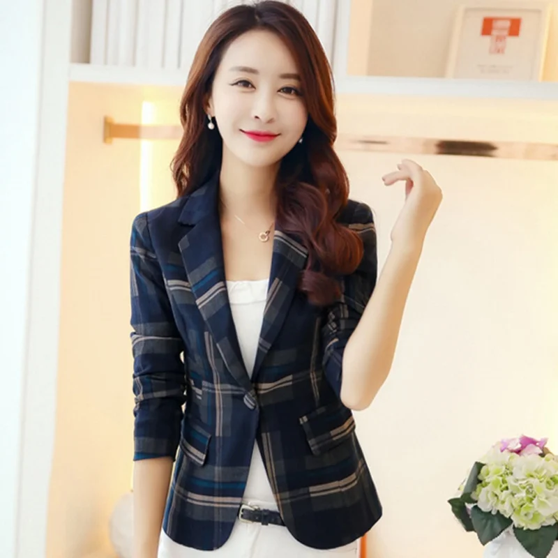 2018 Women Blue Red Plaid Blazer Elegant 3XL Blazer Feminin Ol Style Slim Blazers And Jackets One Button Suit Girl Office Jacket