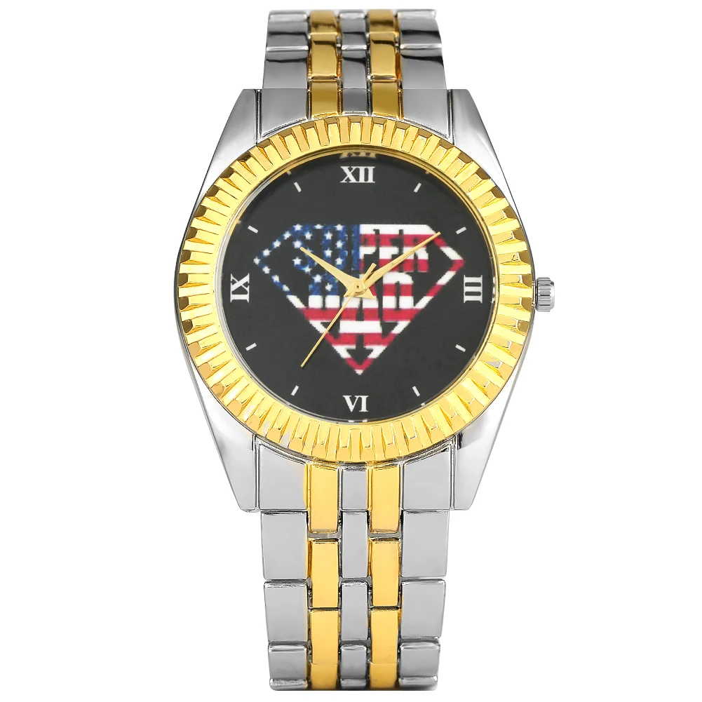 

Men's Luxury Quartz Analog Wristwatch Unique Super Dad Pattern Watch Classic Golden Case Black Dial Watch