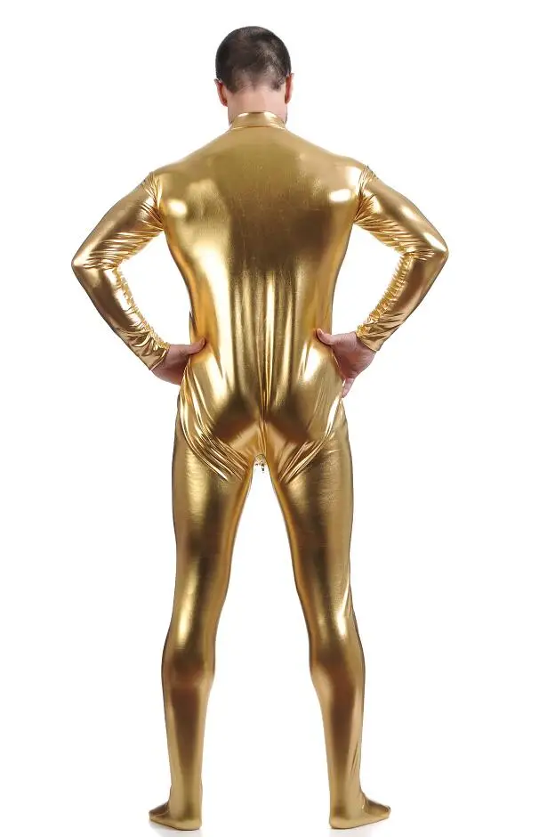 Cosplay&ware Ensnovo Men Latex Suit Black Shiny Metallic Tights Gold Zentai Full Body Unitard Custom Skin Bodysuit Zipper Front -Zentai shop online