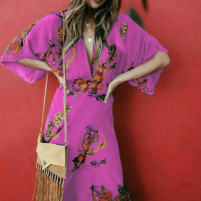 V Neck Women Wrap Dress Floral Print Kimono Style Half Sleeve Long Maxi Dress Boho Ladies Beach Dress Vestido Plus Size 3XL