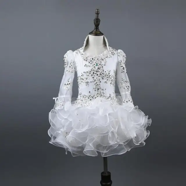 Real Photos White Ball Gown Pageant Dresses for Little Girls Long Sleeves Beaded Appliques