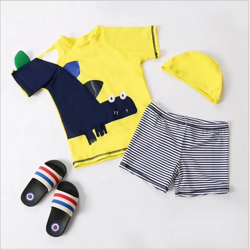 

2018 New Style Children's Cartoon Swimsuit Boy Split Short Sleeved Dinosaur Pants Swimsuit Baby Stripe Shorts